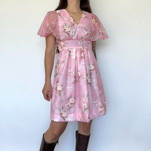 Vintage 70s handmade pink floral print butterfly sleeve mini dress | XS